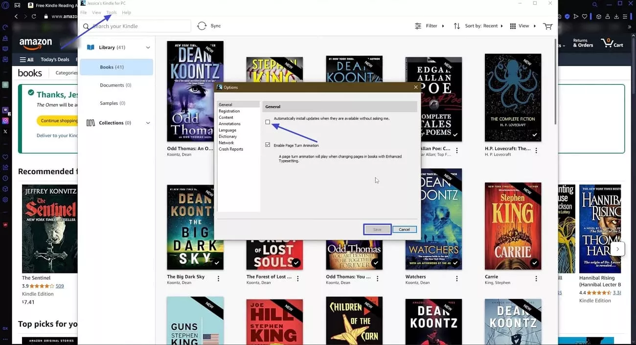 disable auto update feature kindle pc