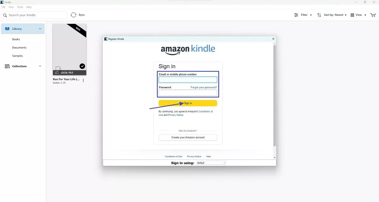 sign in amazon account kindle app
