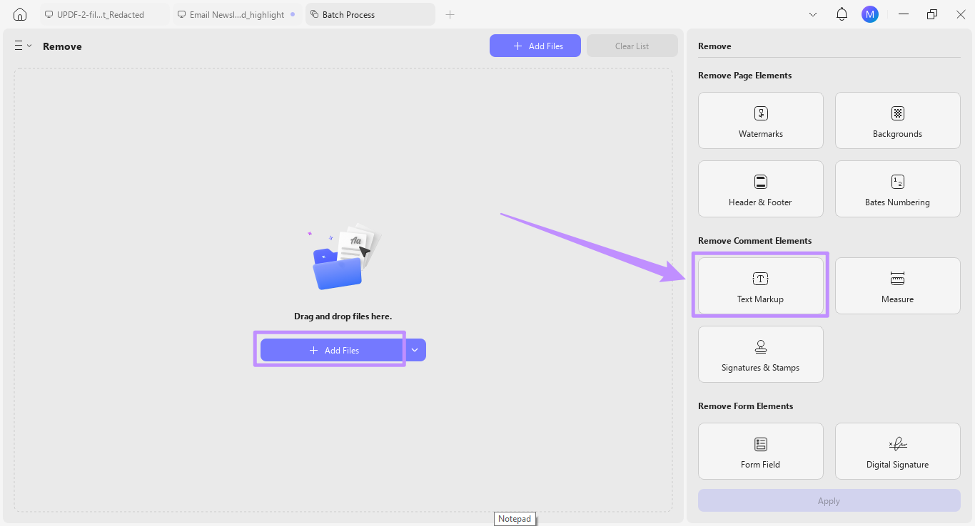 add files and choose text markup