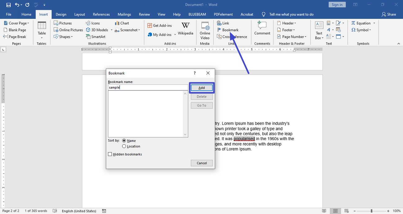 open document choose bookmark