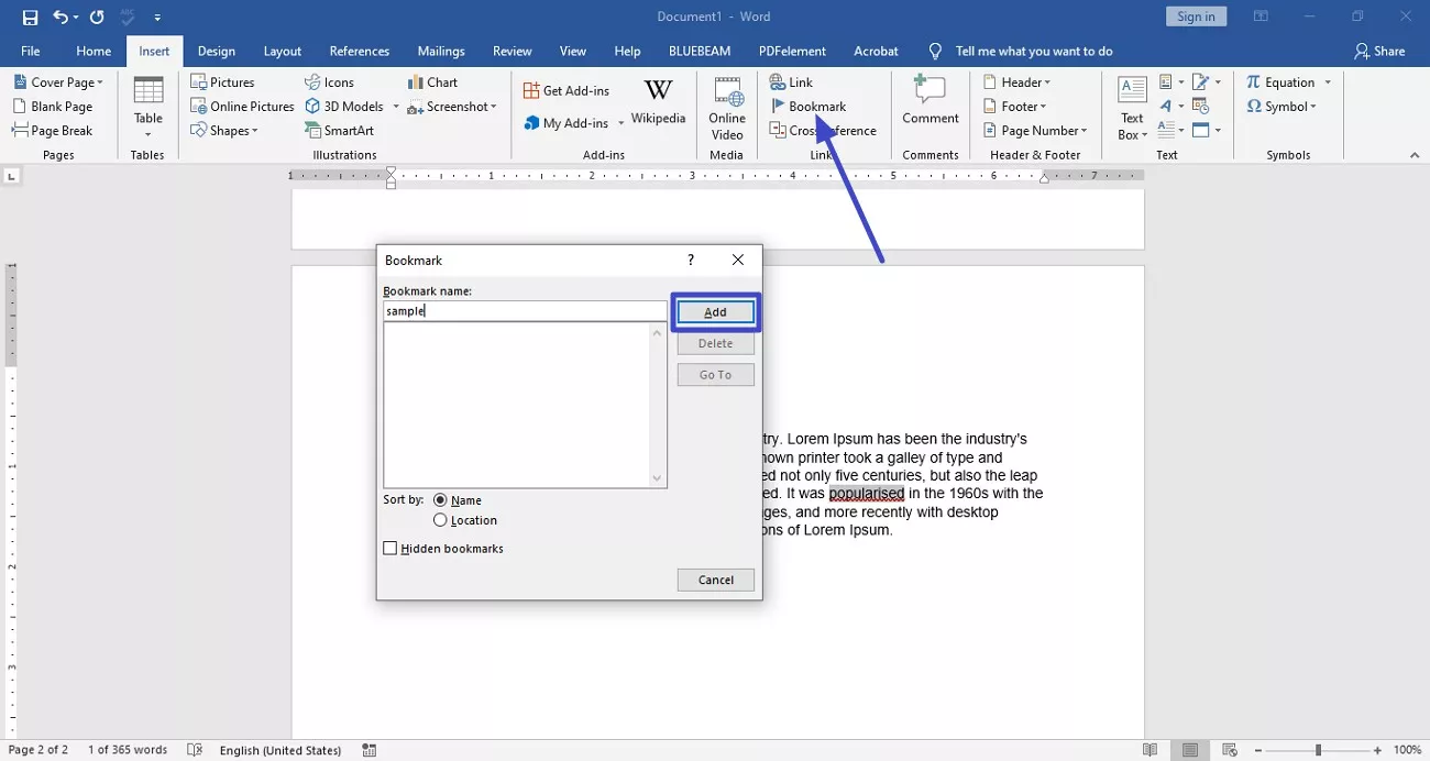 open document choose bookmark