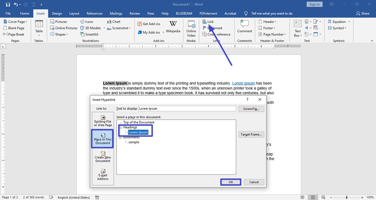 hyperlink heading in word