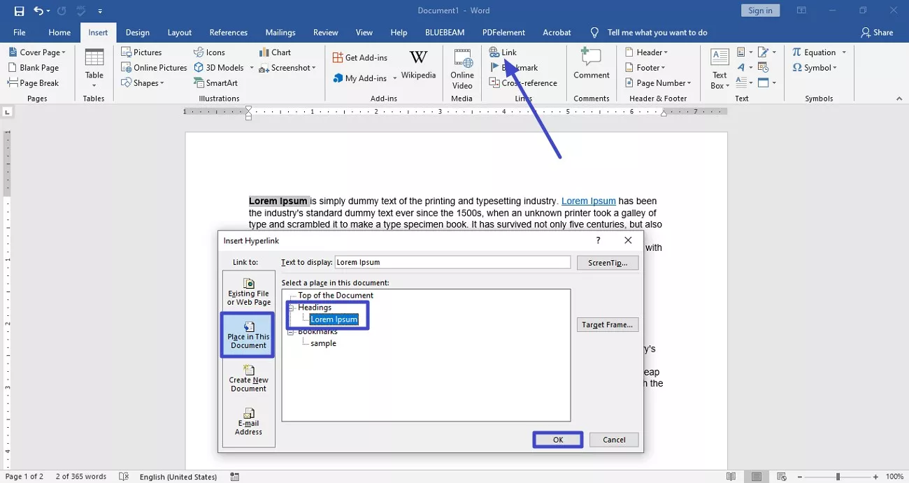 hyperlink heading in word