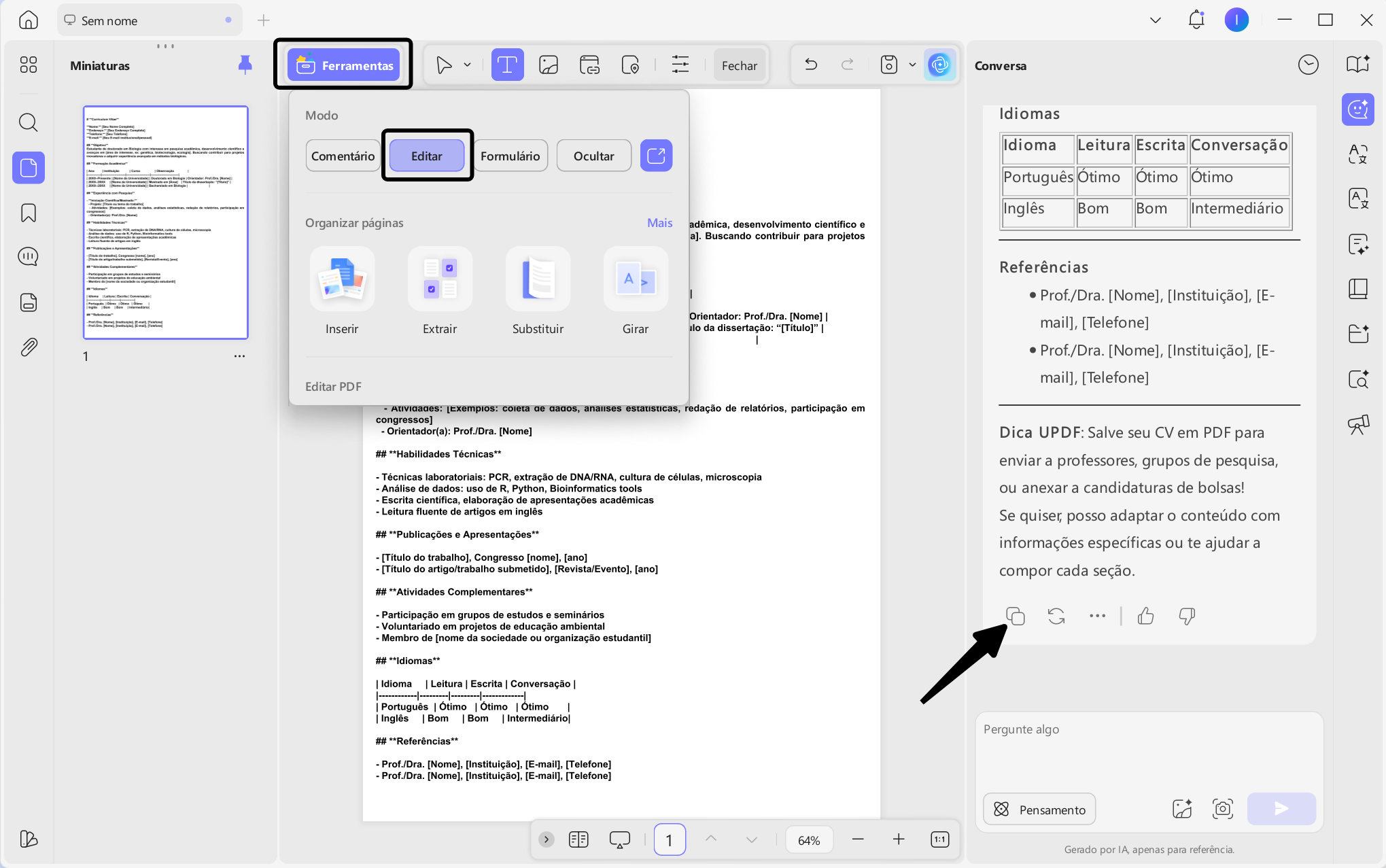 colar conteúdo do currículo em documento pdf