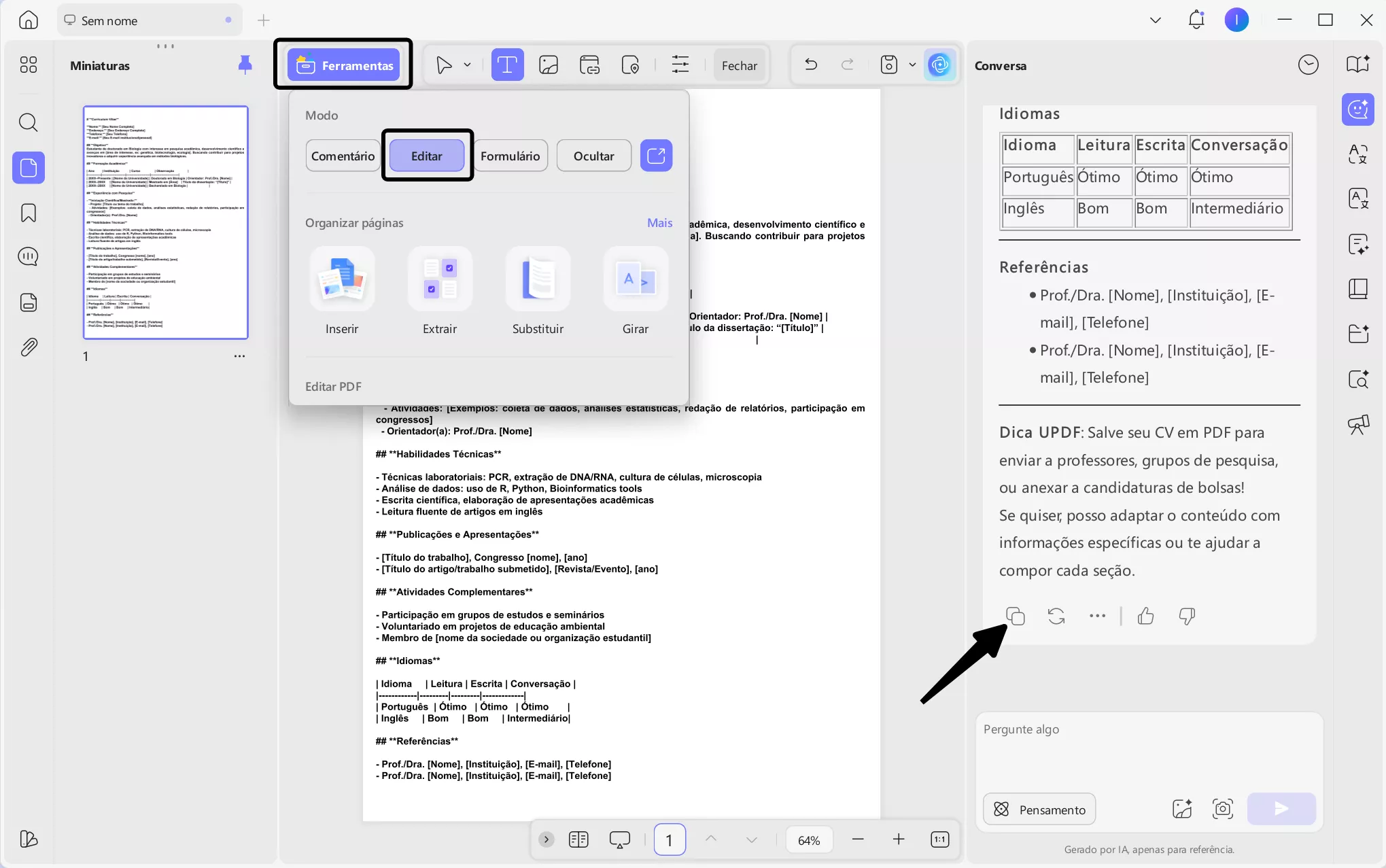 colar conteúdo do currículo em documento pdf
