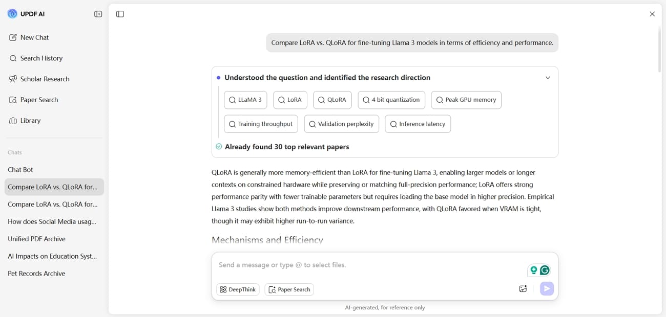 deepthink mode updf ai paper search