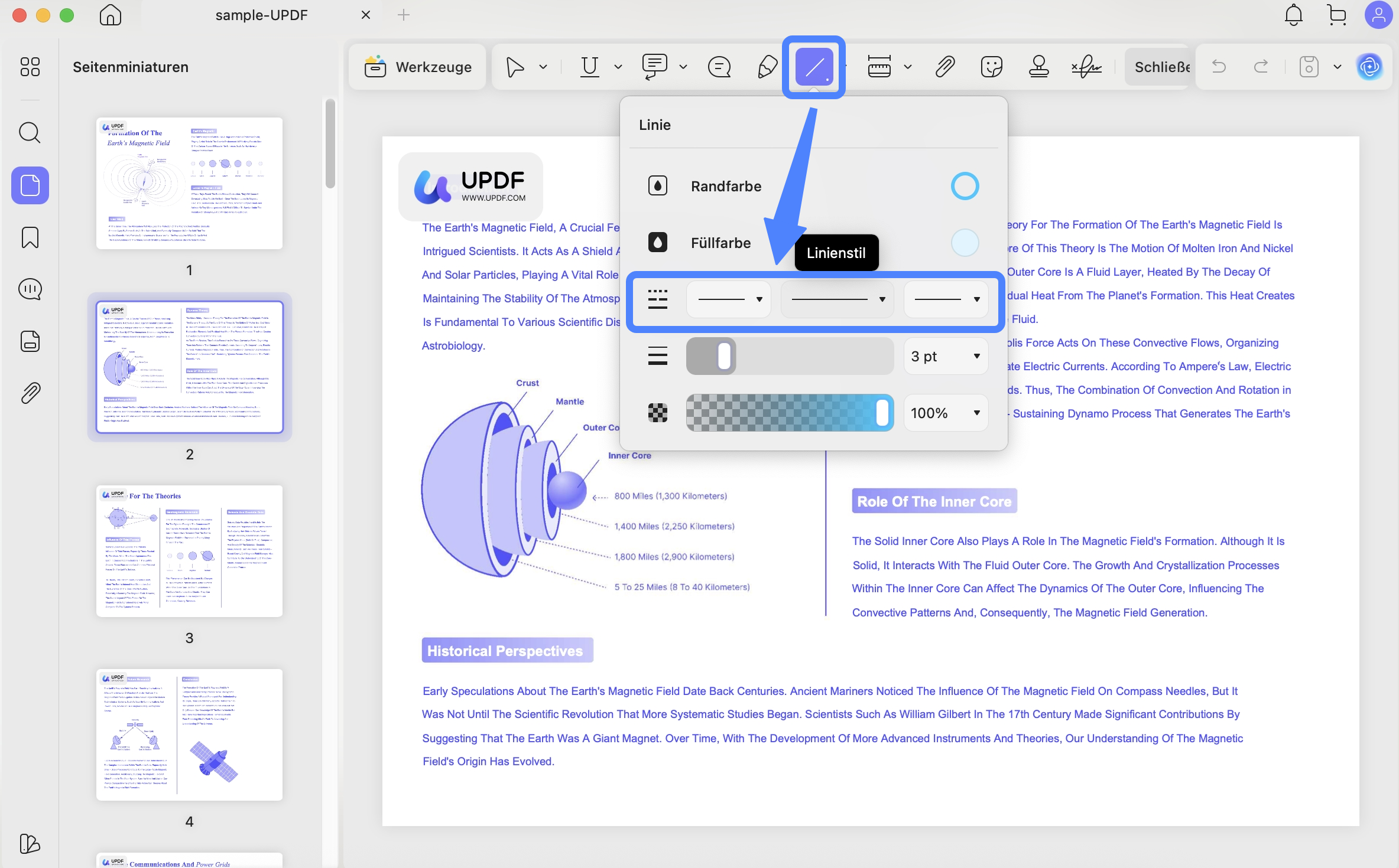 updf mac voreingestellte Linienarten