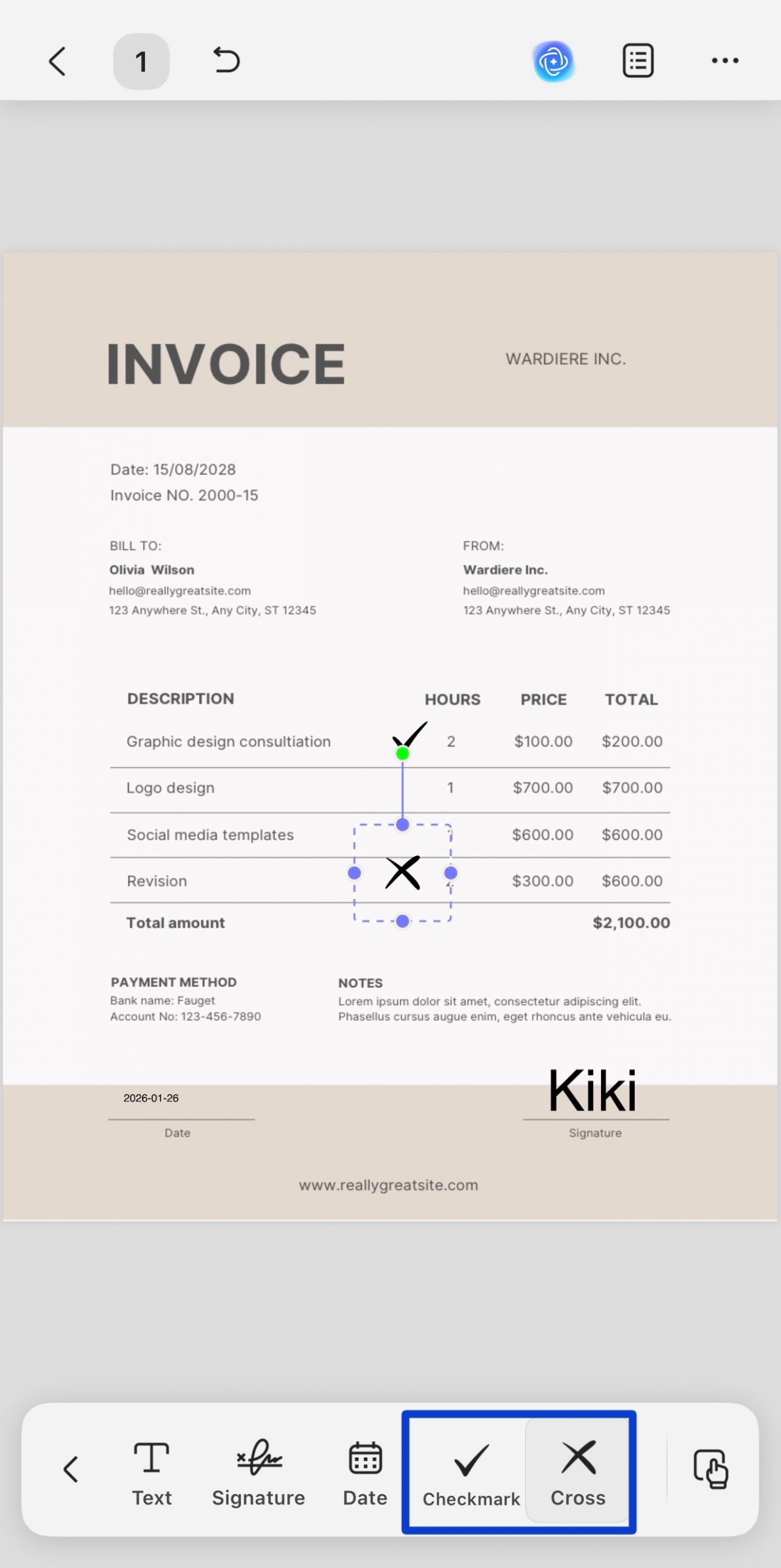 mark a field with a checkmark or cross
