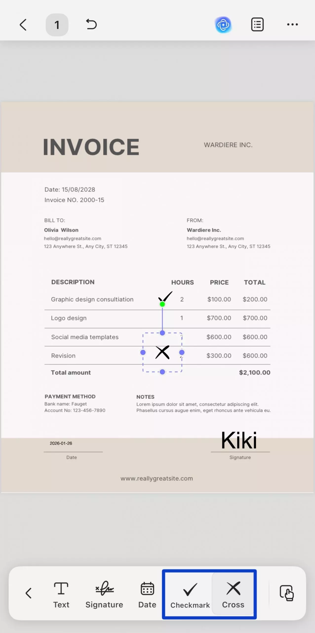 mark a field with a checkmark or cross