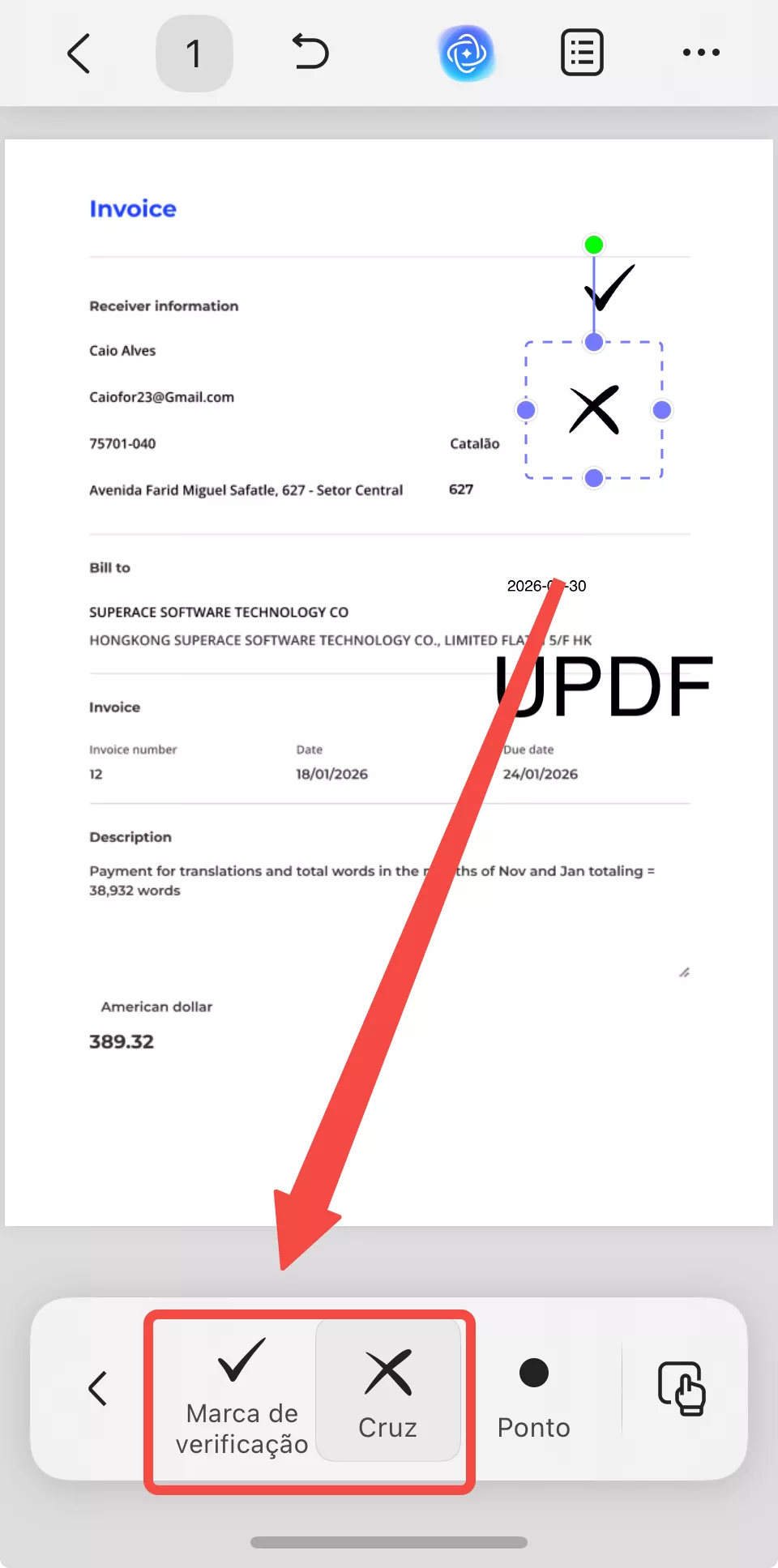marque um campo com um visto ou uma cruz