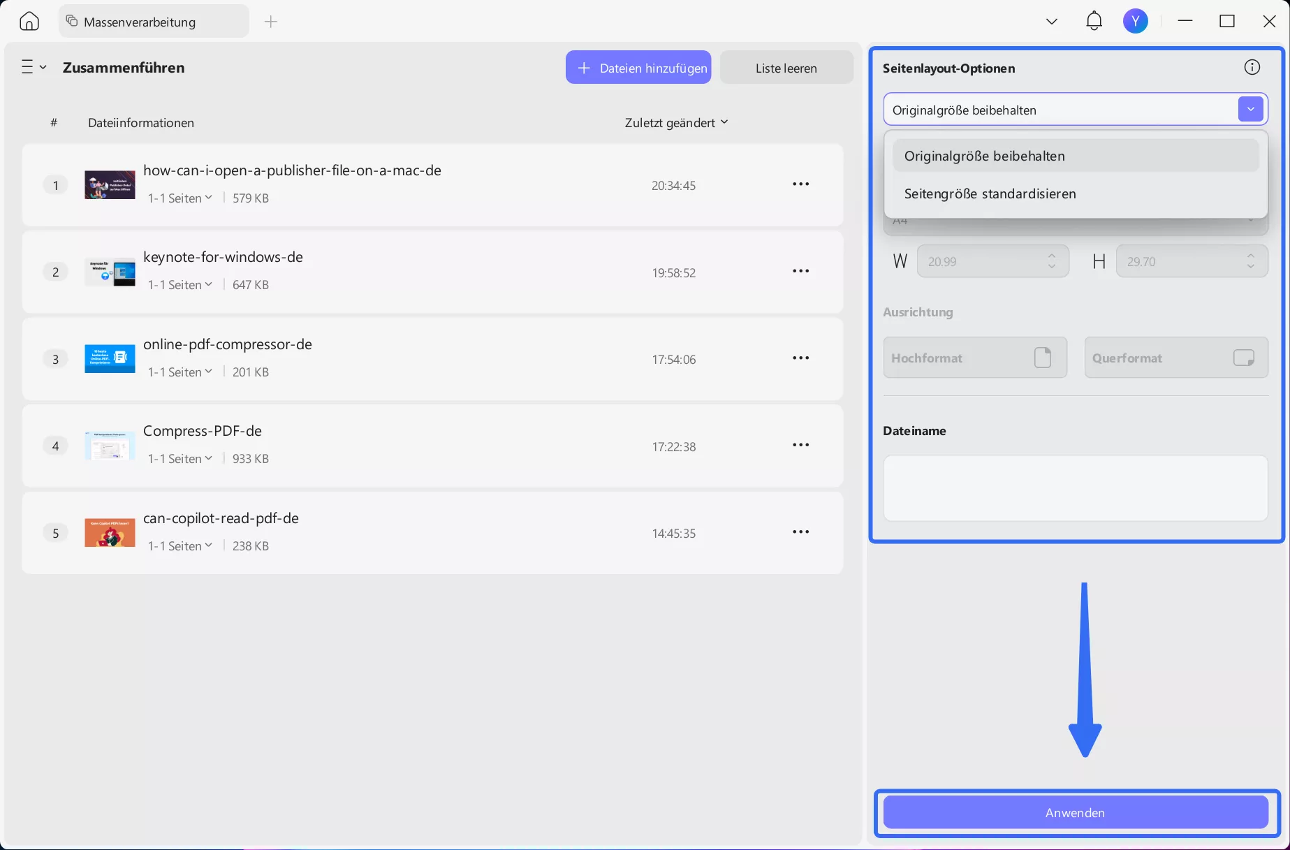 Seiten-Einstellungen für das Zusammenführen von Bildern anpassen (updf mac)