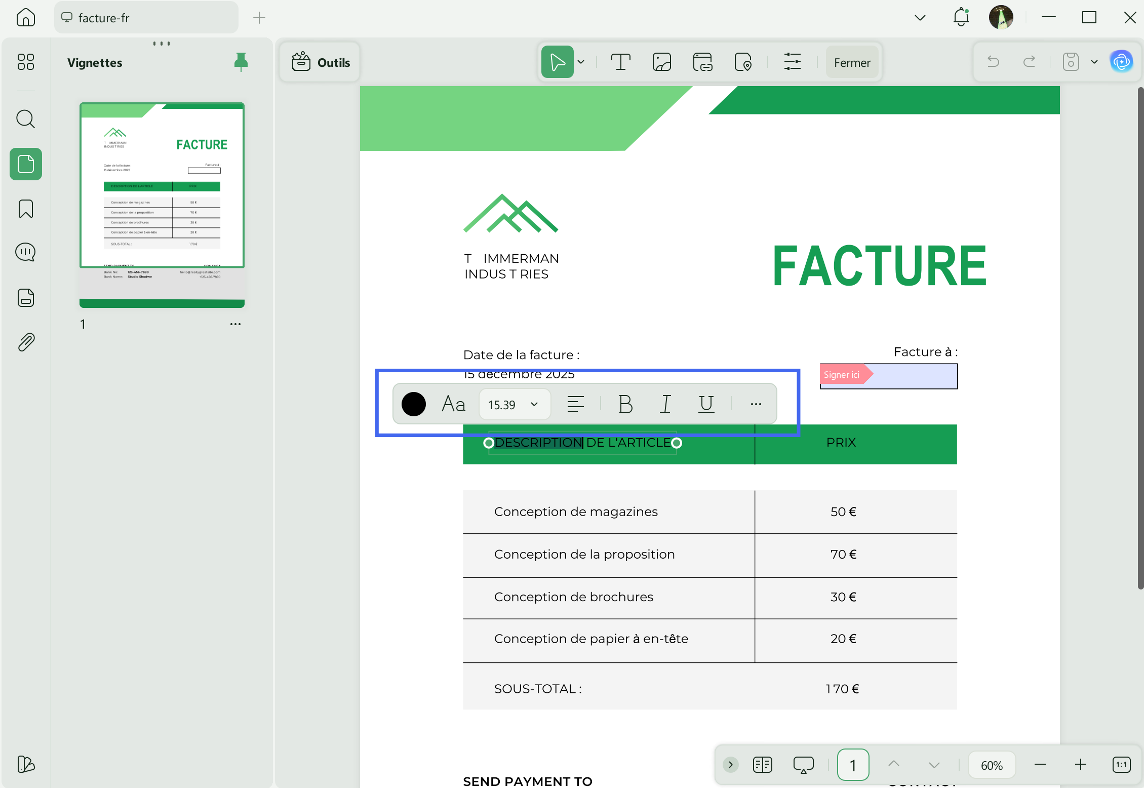 modifier le texte de la facture updf windows