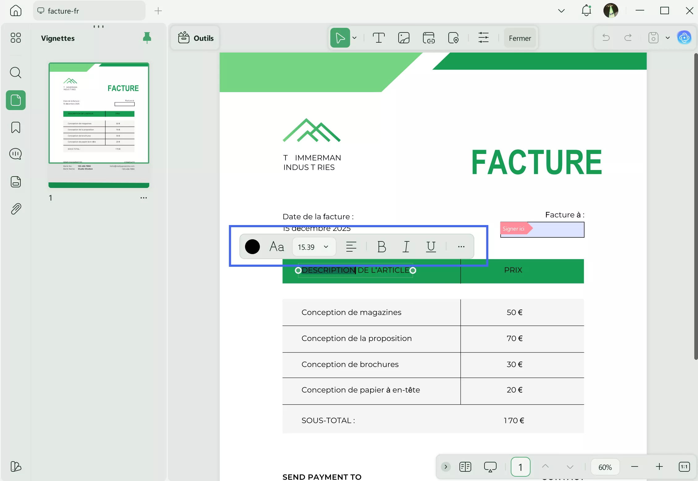 modifier le texte de la facture updf windows