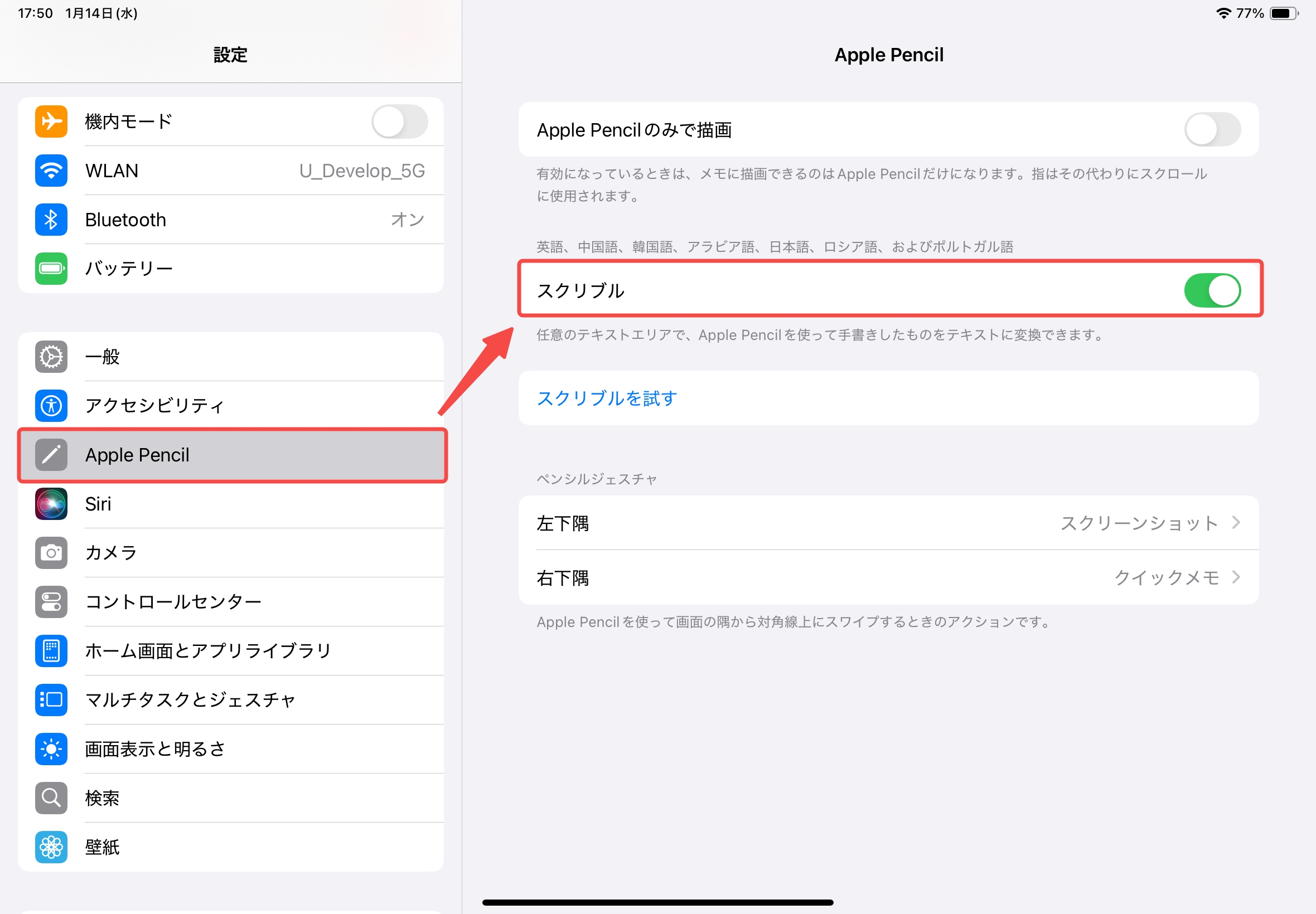 「Apple Pencil」から「スクリブル」をオンにする