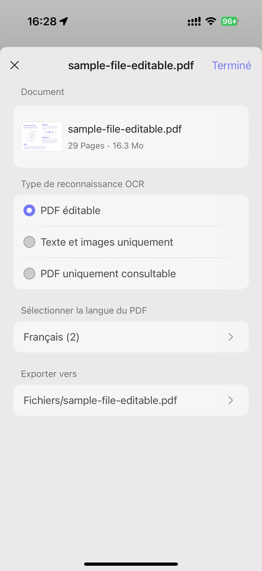 PDF numérisé par OCR avec UPDF sur Android