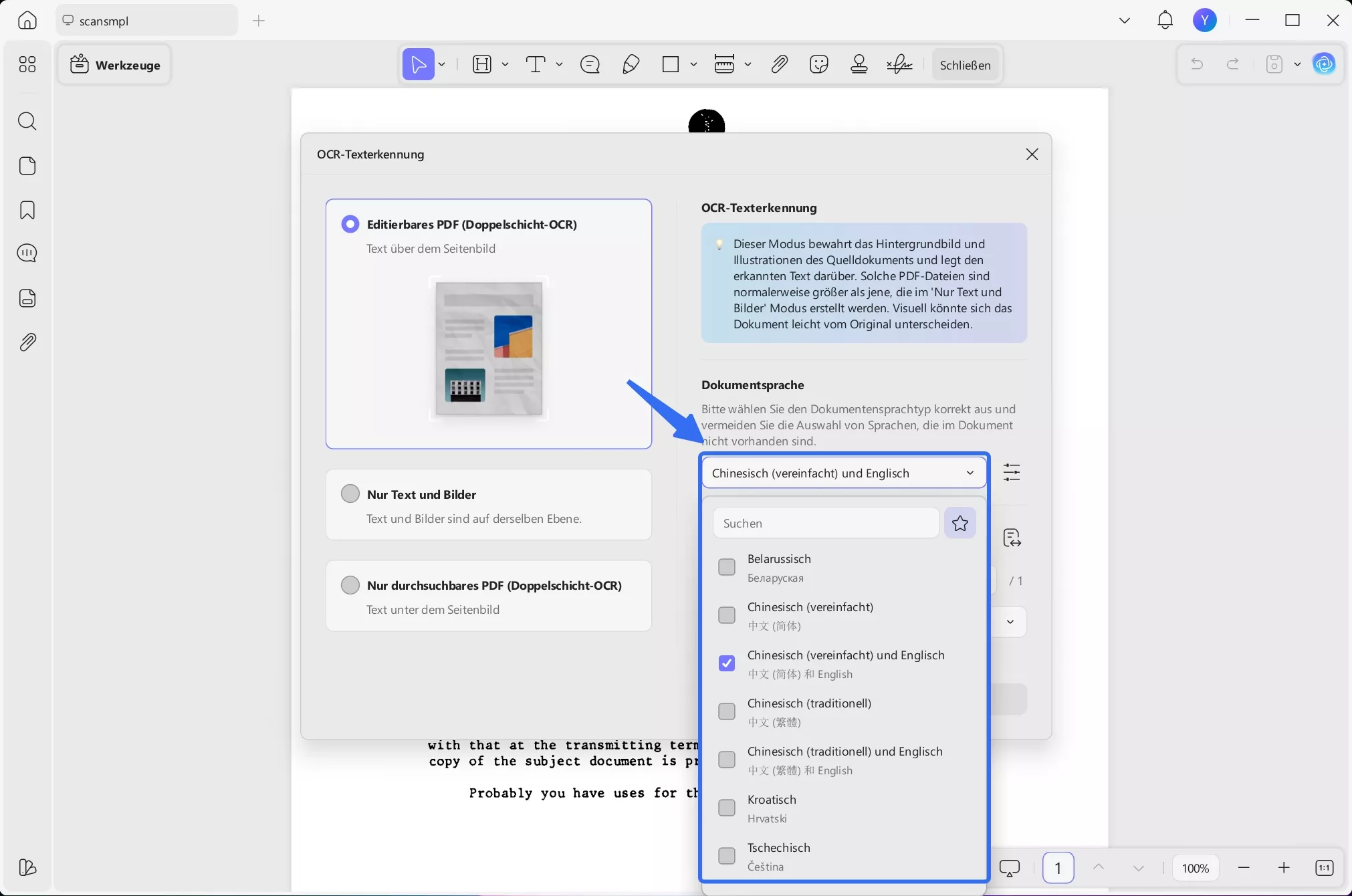 updf ocr unterstützt mehrere Sprachen