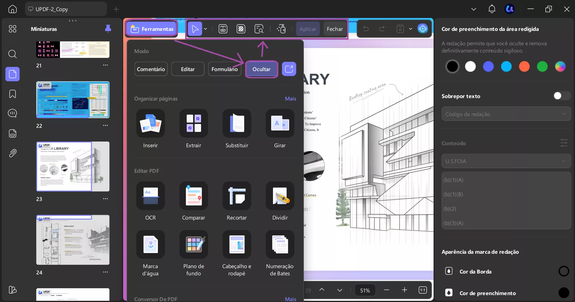 opções de redação com o updf no windows