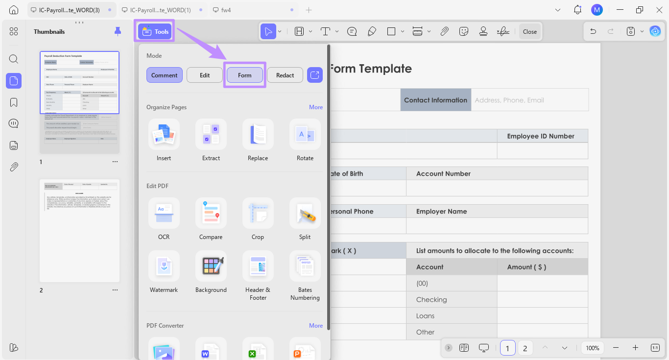 choose form under tools