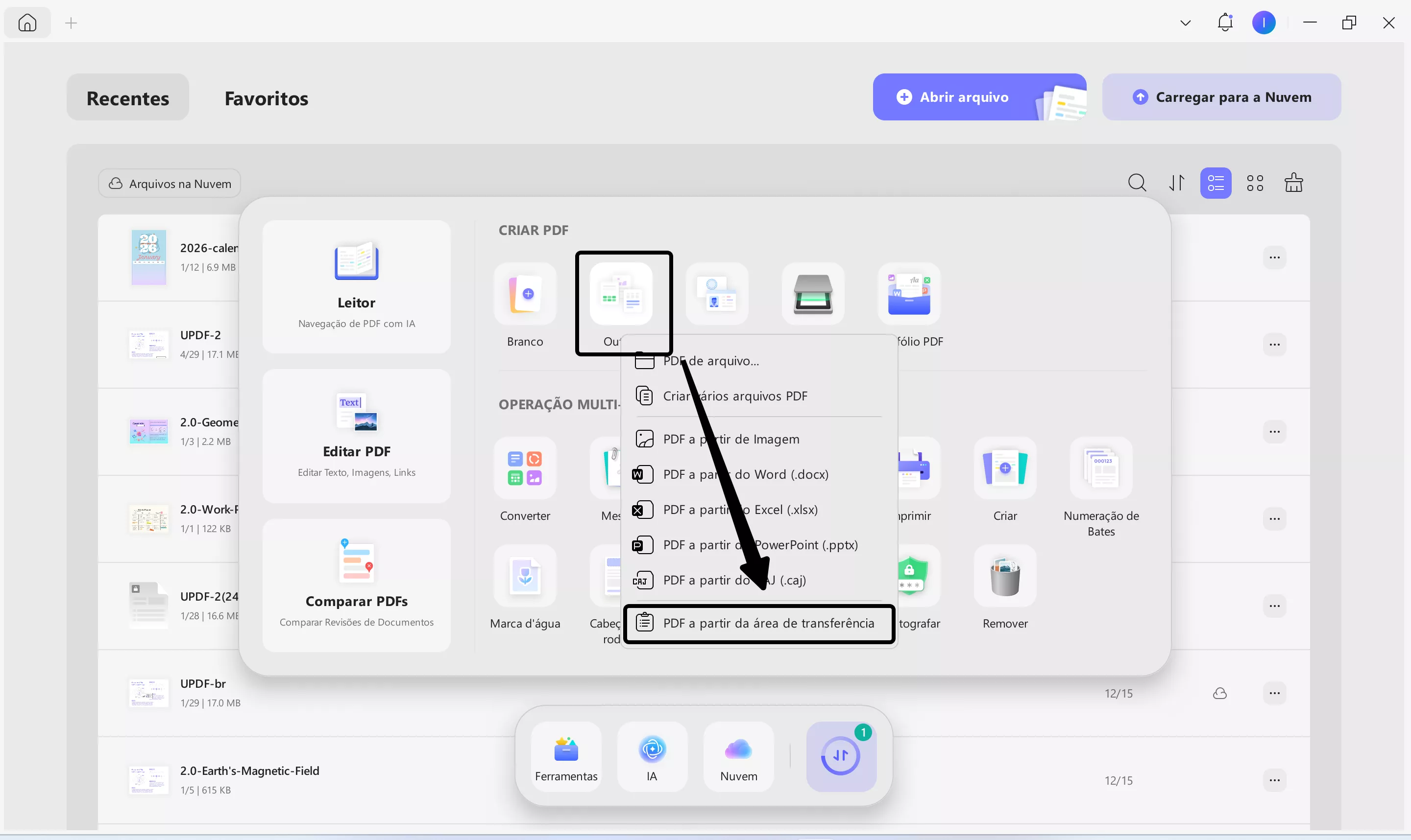 opção pdf da área de transferência