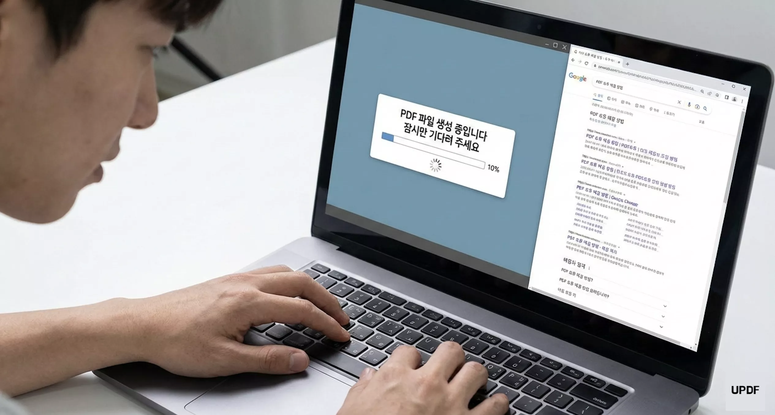 PDF 파일 생성 중입니다 잠시만 기다려 주세요 오류로 멈춘 상황에서 해결 방법을 찾는 화면