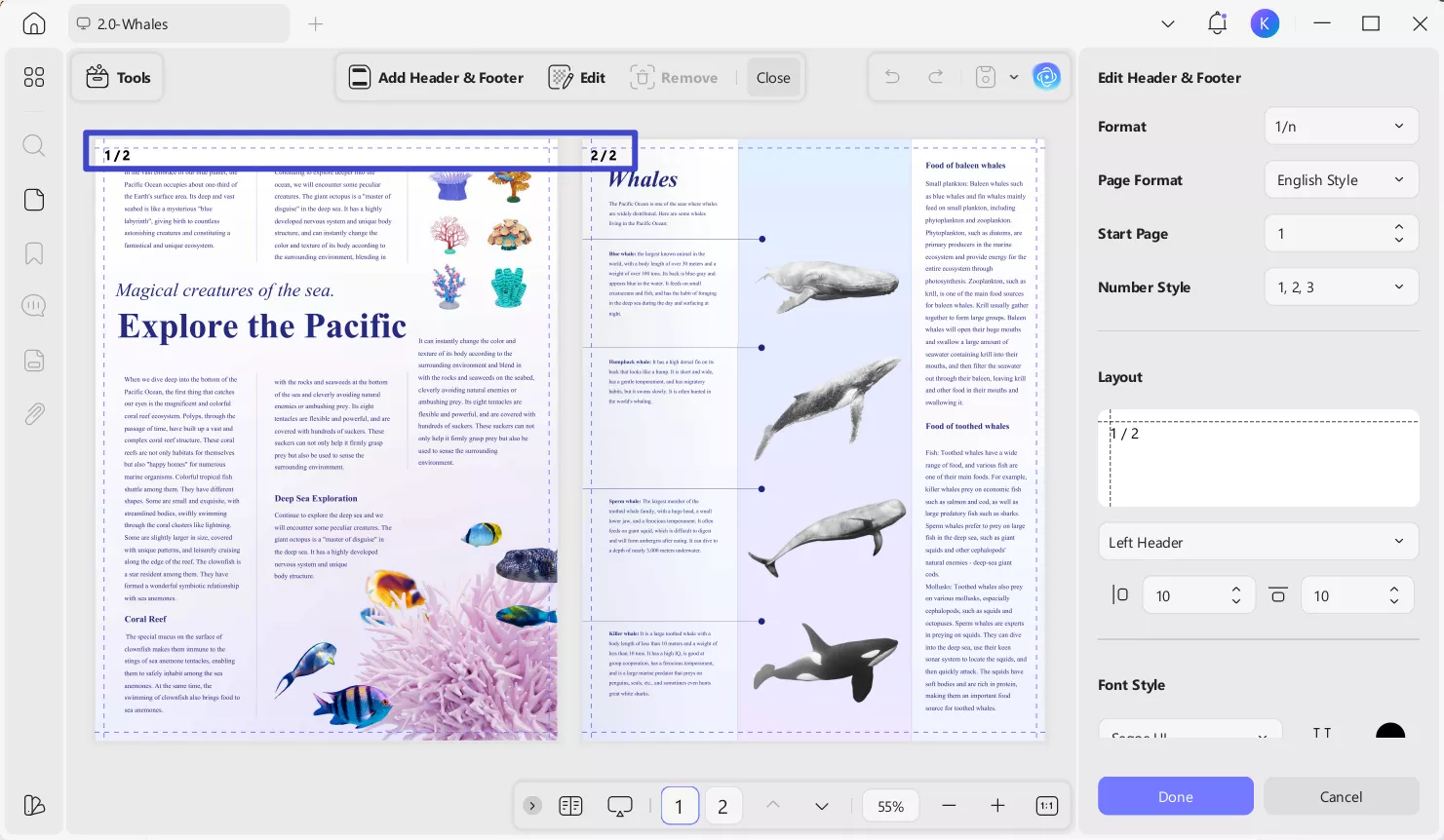 access the header and footer option