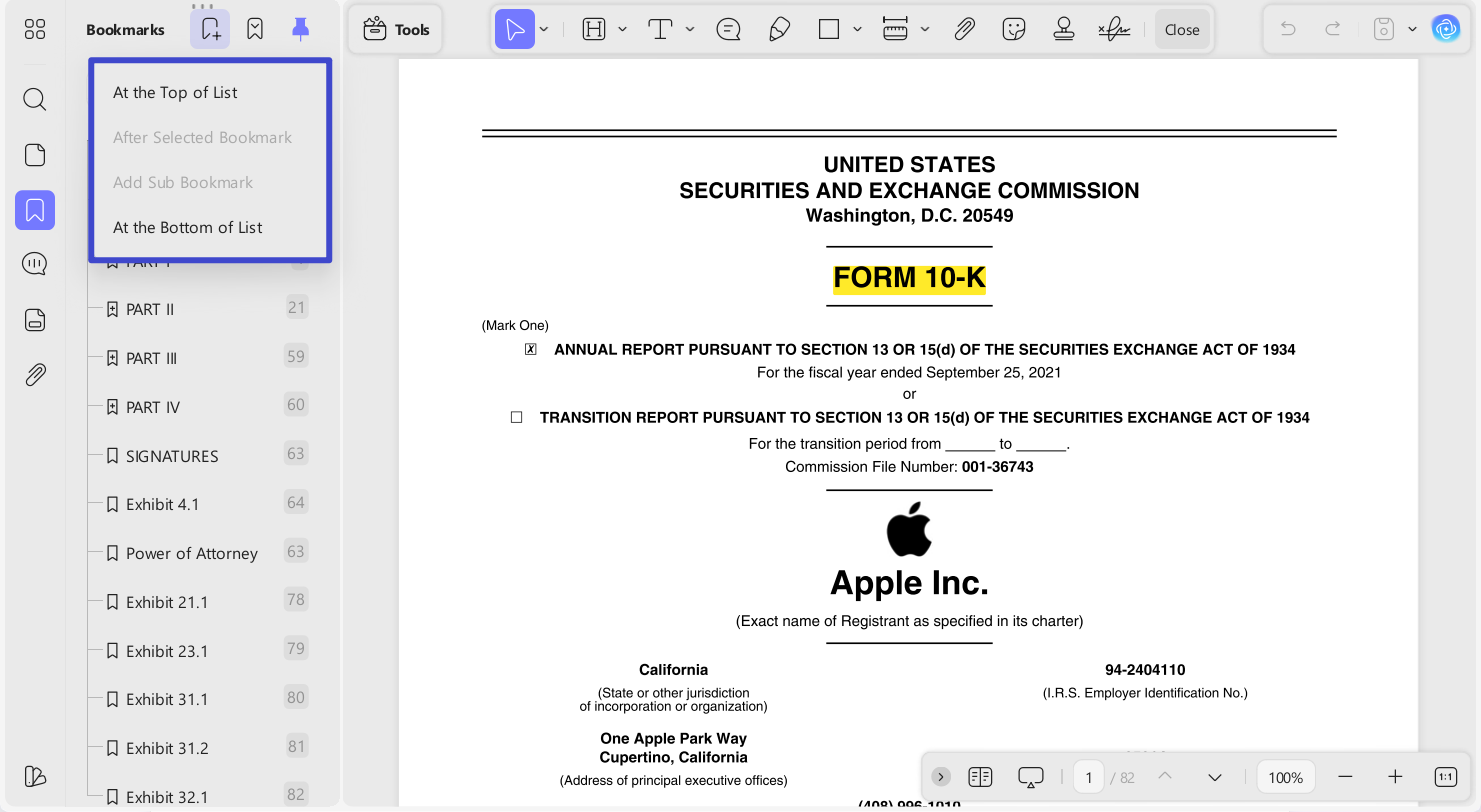 locate bookmark option in left panel