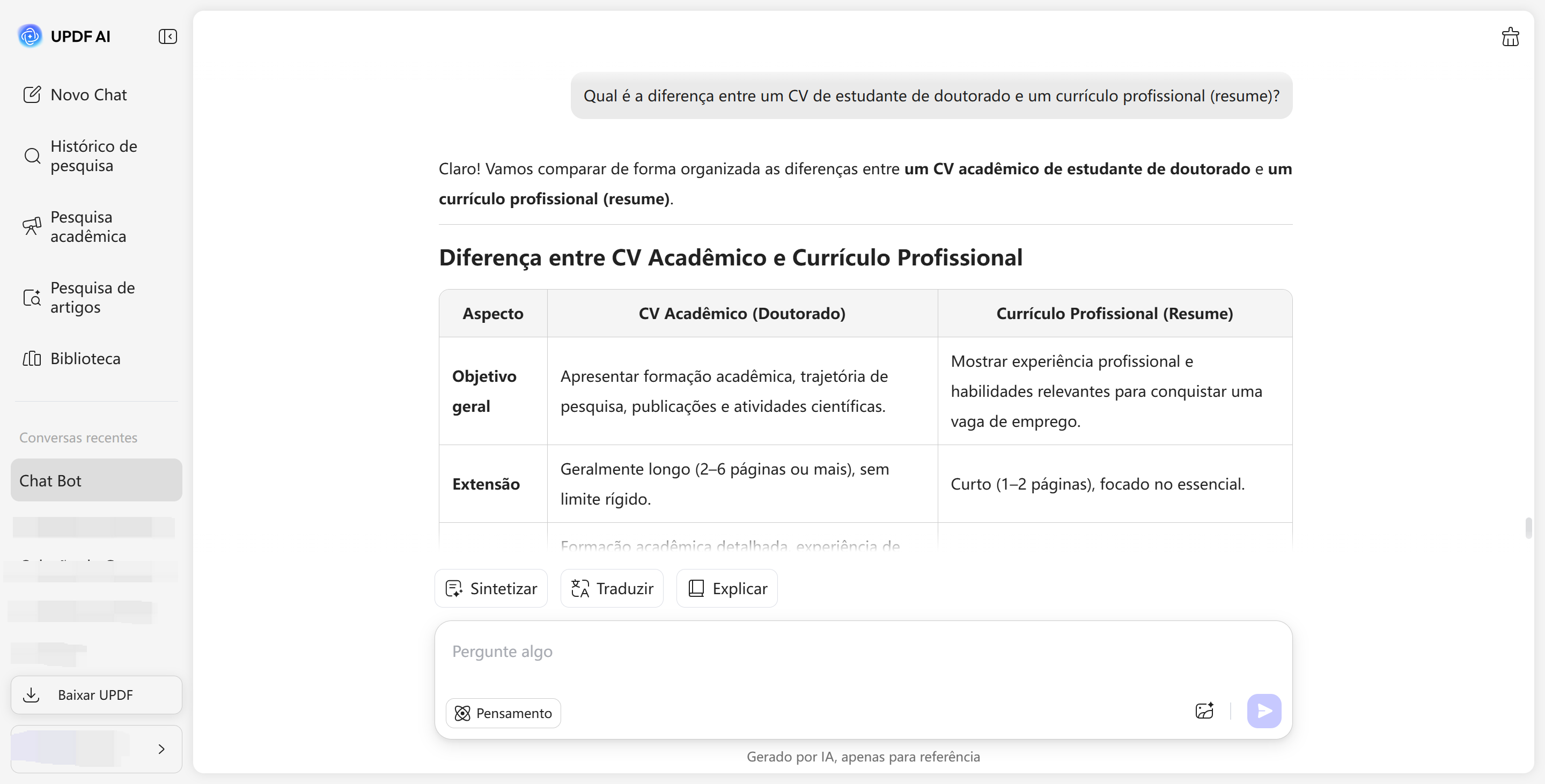 fazer perguntas ou consultas ao updf ai