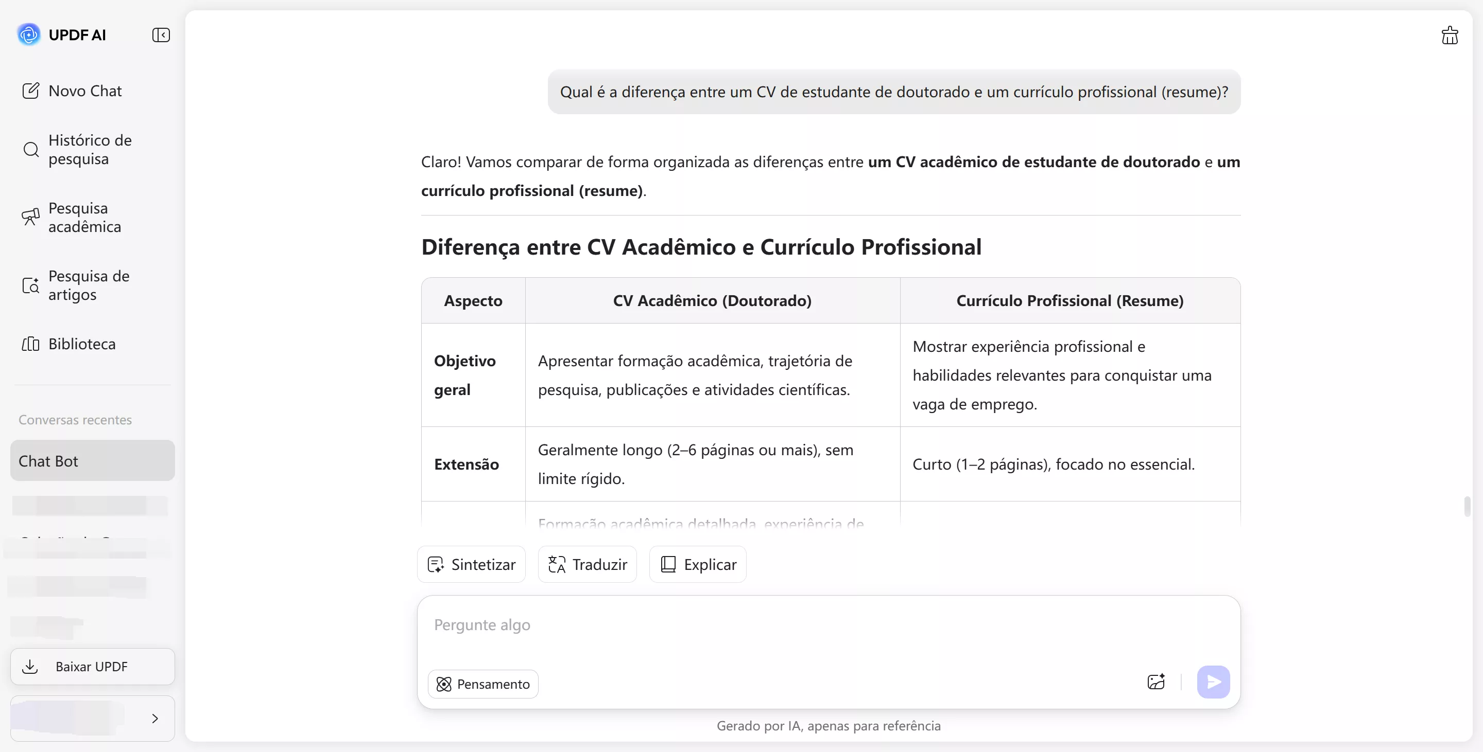 fazer perguntas ou consultas ao updf ai