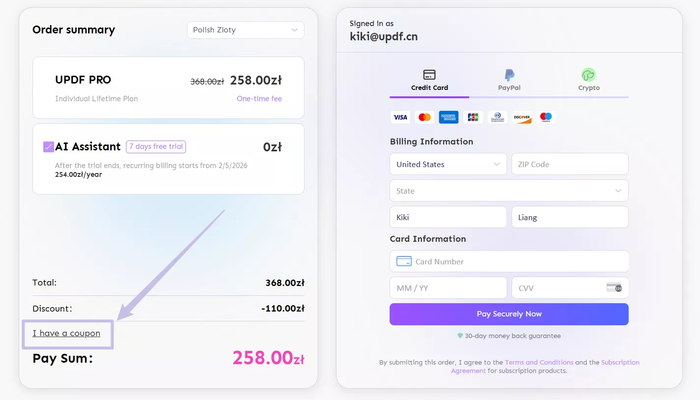 Użyj kodu kuponu na stronie cenowej UPDF