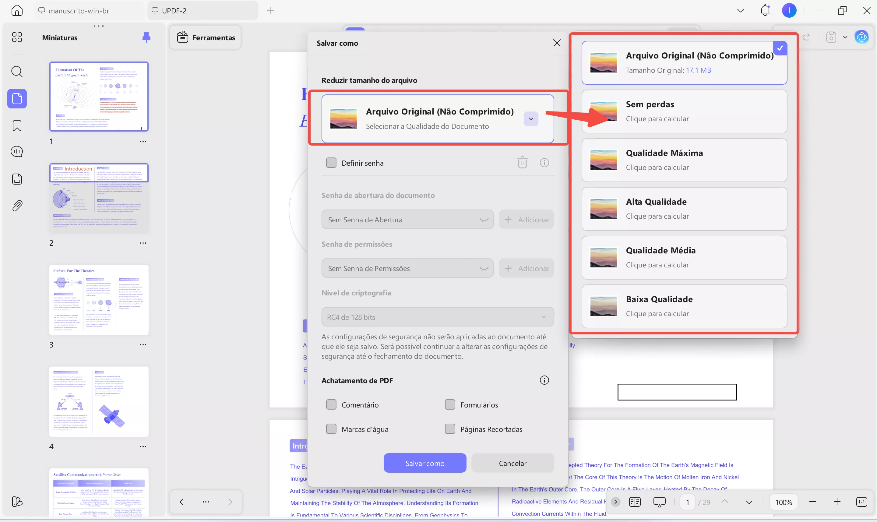 selecione a qualidade de compressão no updf