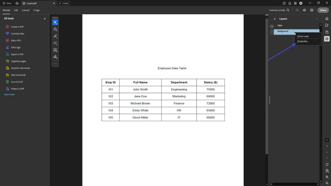 show layers properties adobe acrobat