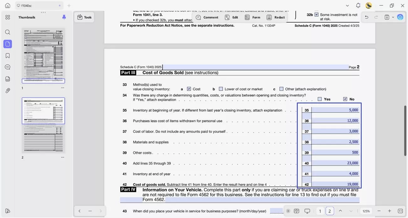 inserir o custo total dos bens vendidos no updf