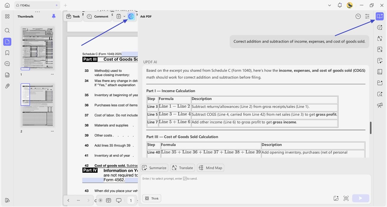 use updf ai calculate totals