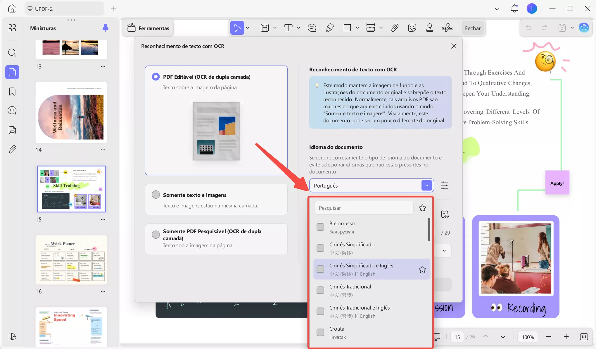 ocr do updf oferece suporte a vários idiomas