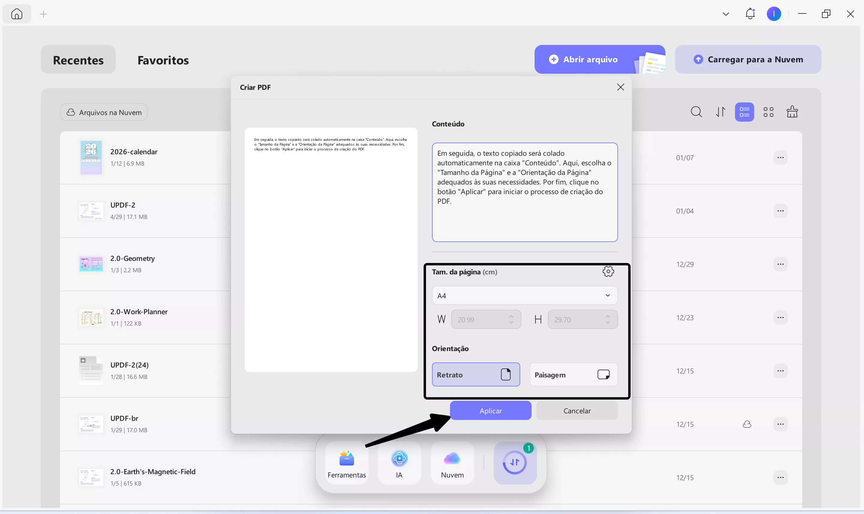 criar novo pdf a partir do conteúdo da área de transferência