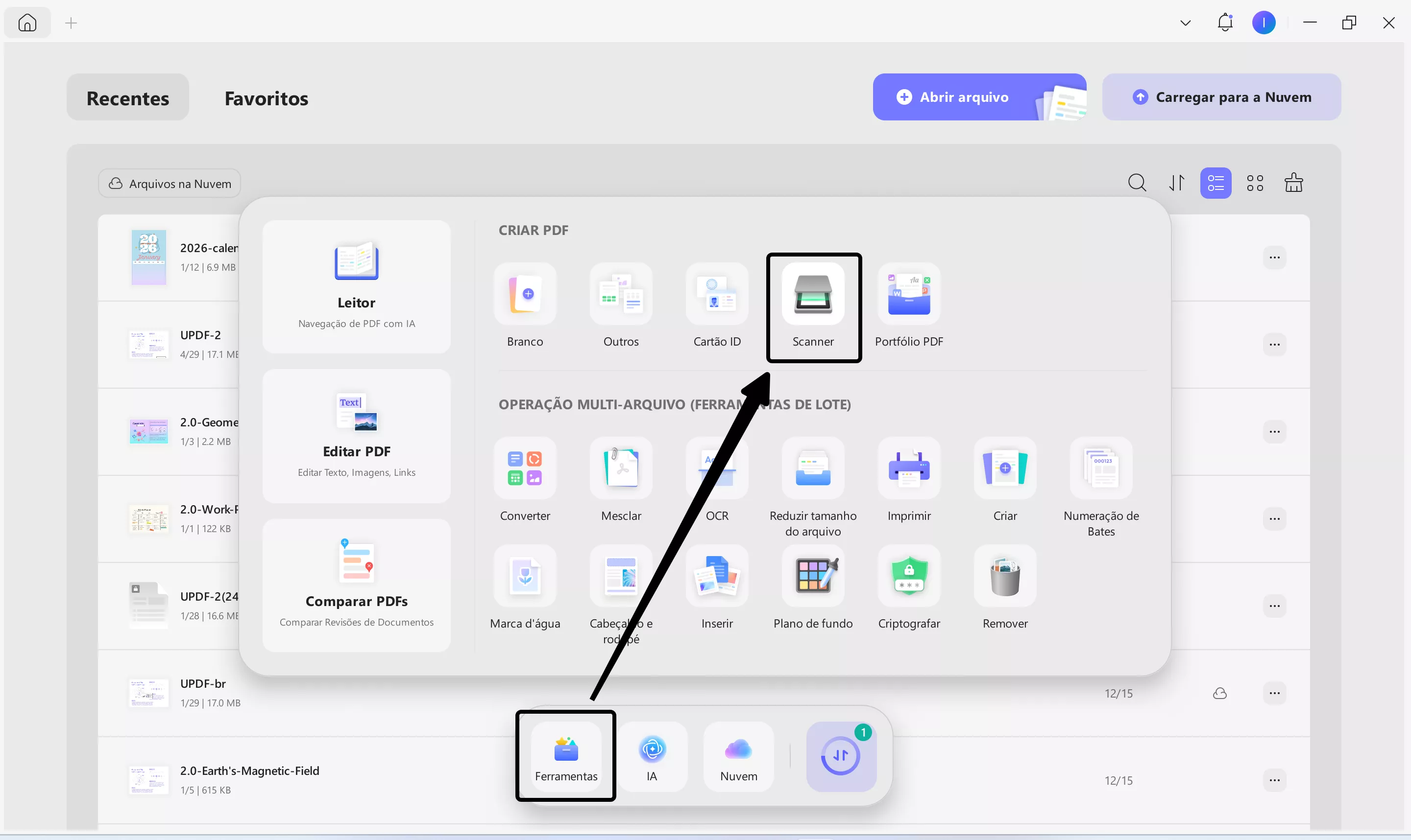 acessar o recurso de scanner do updf