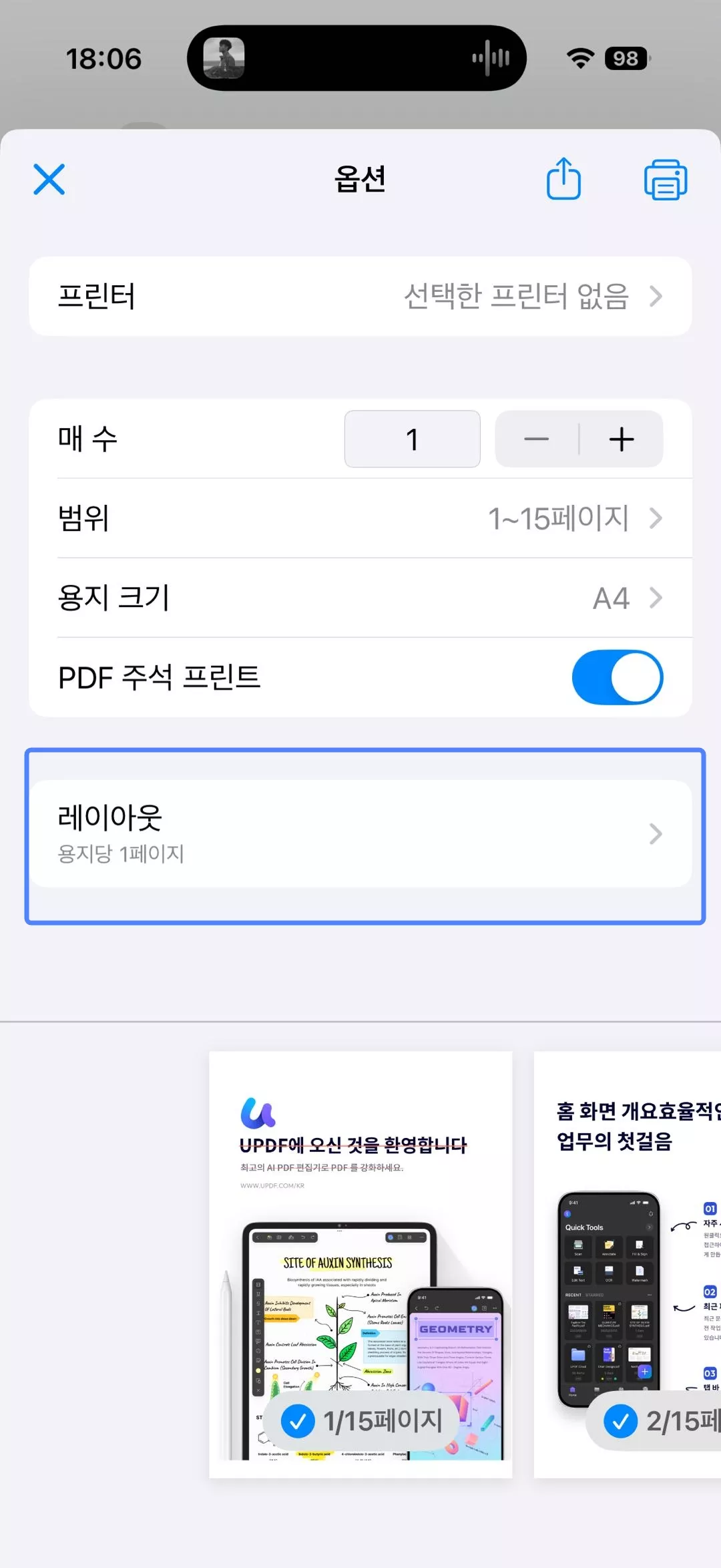 아이폰 pdf 한 페이지에 여러 장 인쇄 레이아웃 설정