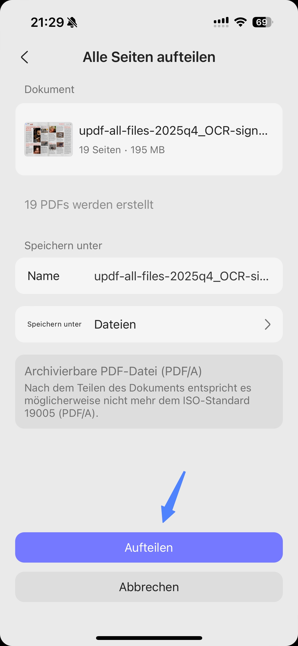 wählen die Option „Aufteilen“