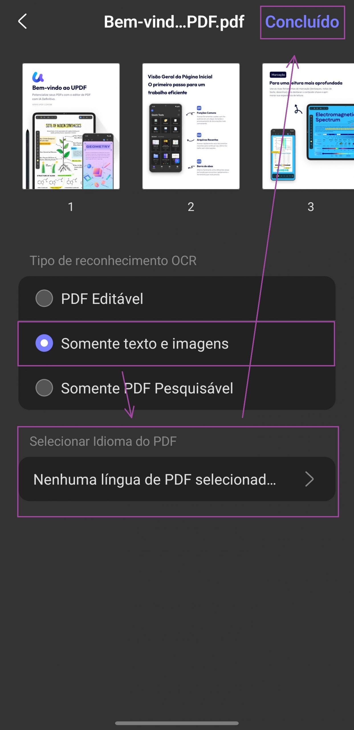 selecionar o pdf escaneado no seu dispositivo ou no updf cloud