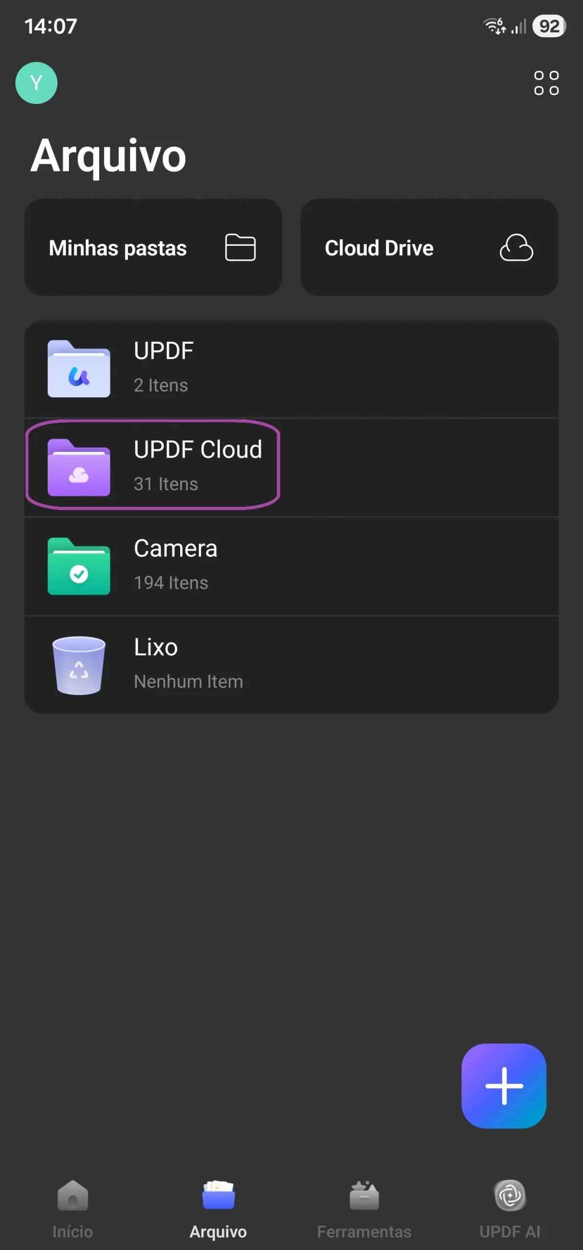 toque na opção updf cloud no updf para android