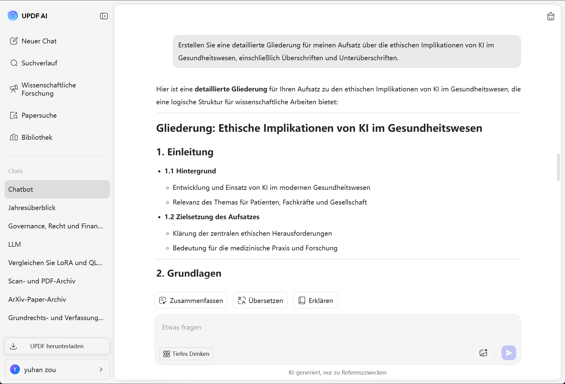 Erstellen einer Gliederung mit updf ai
