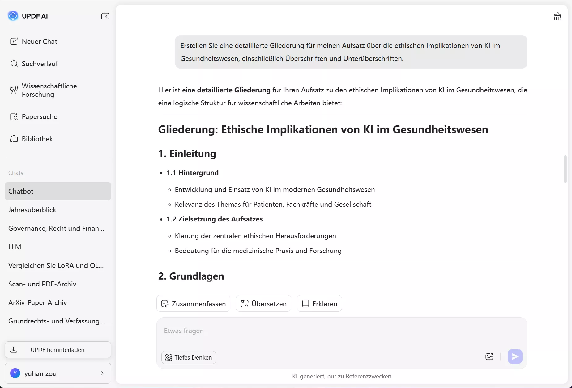 Erstellen einer Gliederung mit updf ai