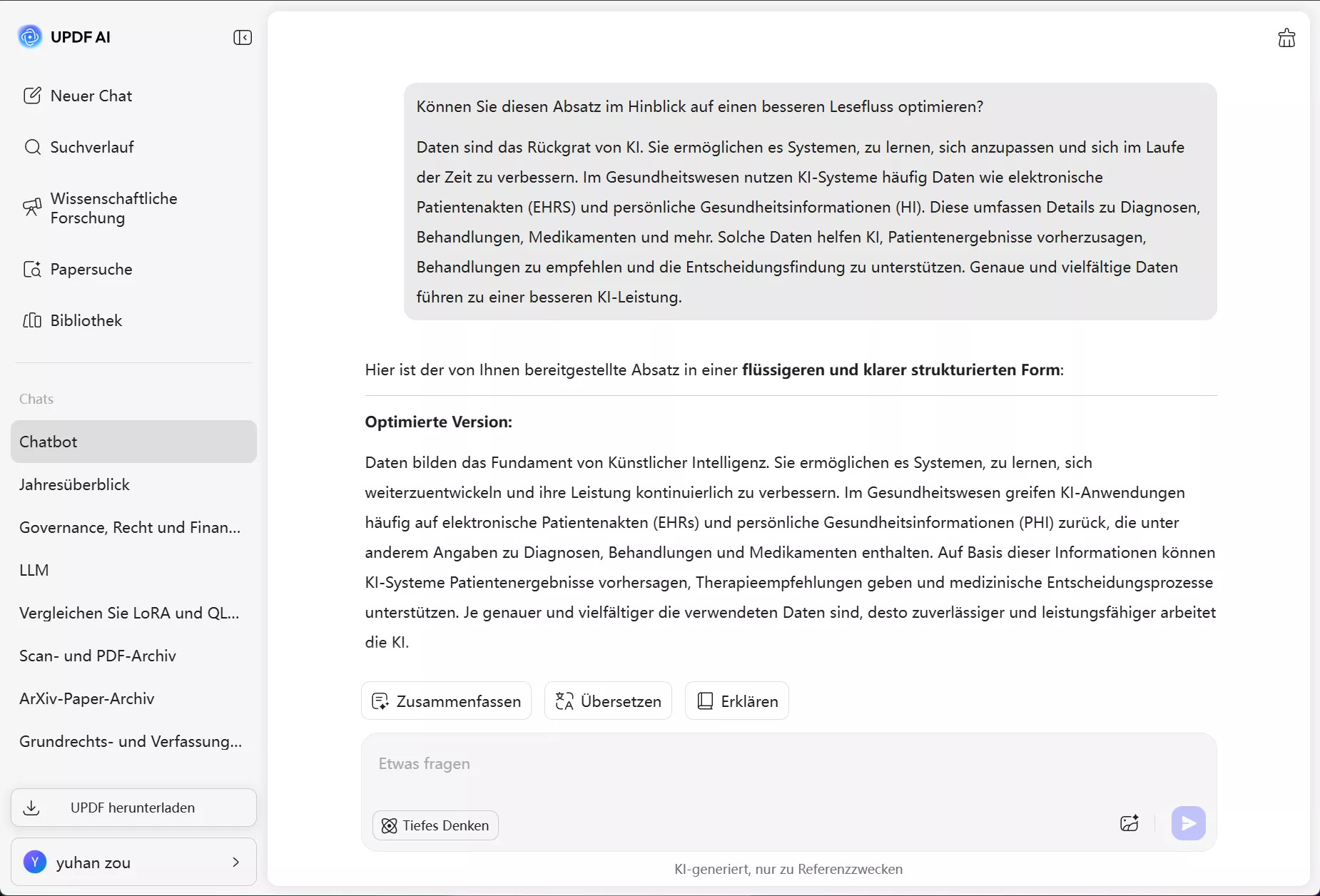 Verbesserung von Texten mit updf ai