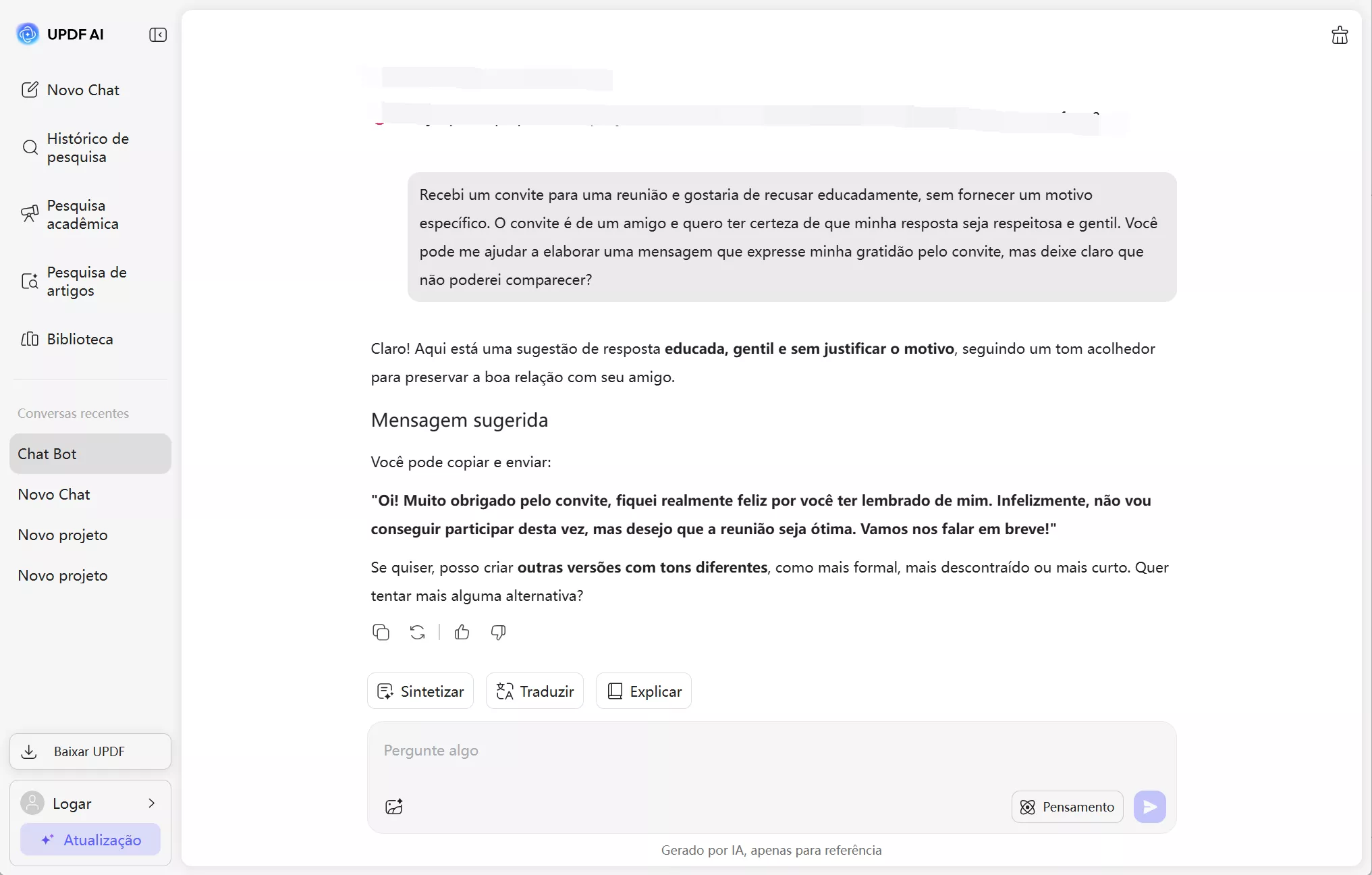 escrevendo um prompt para recusar um convite para reunião no updf ai online
