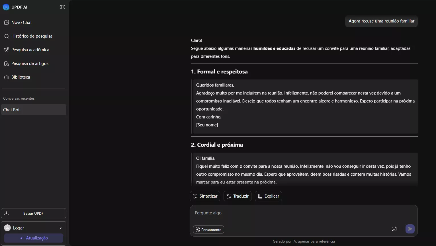 resposta do updf ai para recusar um convite para jantar com colegas