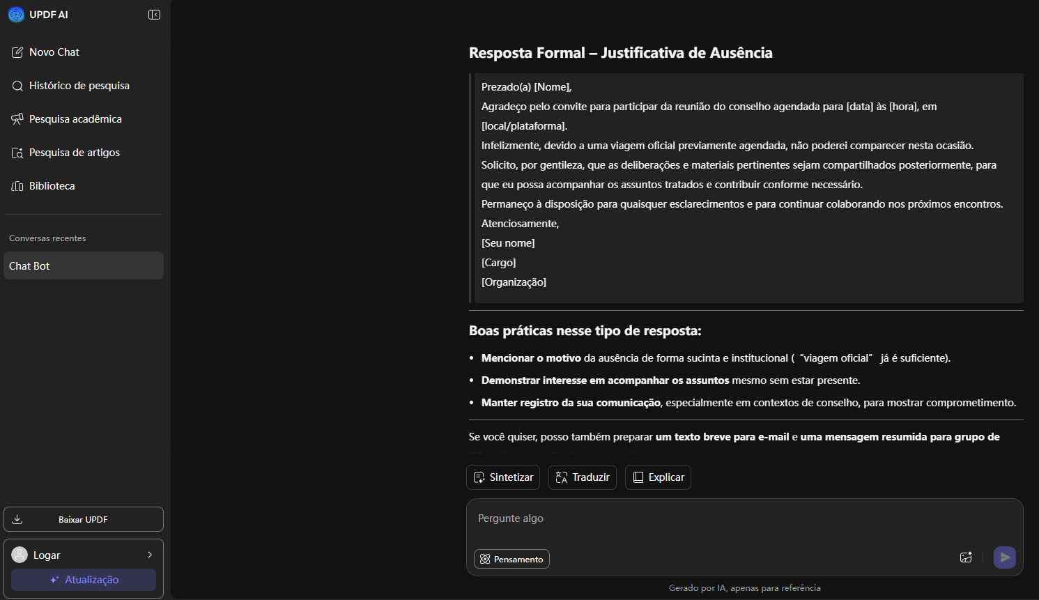 recusar um convite profissionalmente para uma viagem oficial