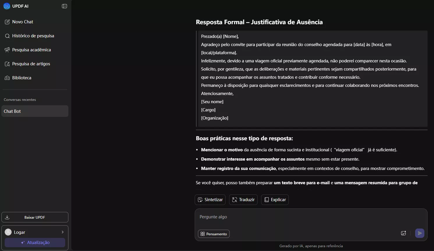 recusar um convite profissionalmente para uma viagem oficial