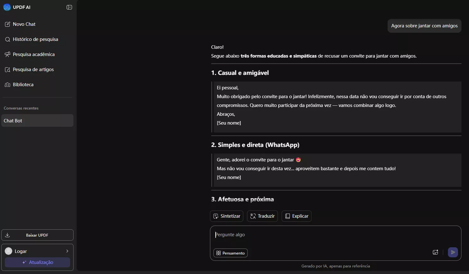 resposta do updf ai para recusar um convite para jantar com colegas