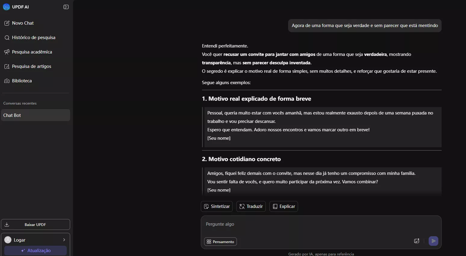 resposta do updf ai para recusar um convite para jantar com colegas