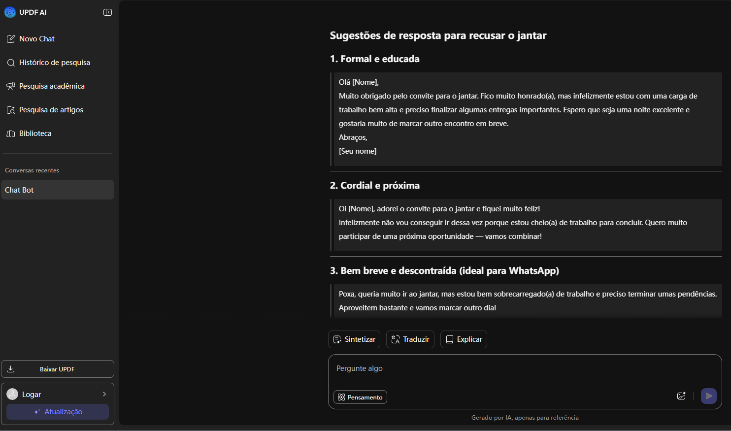 recusar um convite para um jantar sem mentir